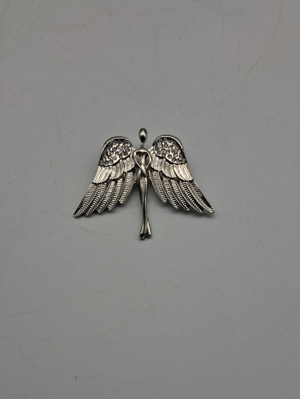 Silver Angel Wing Brooch with Rhinestones